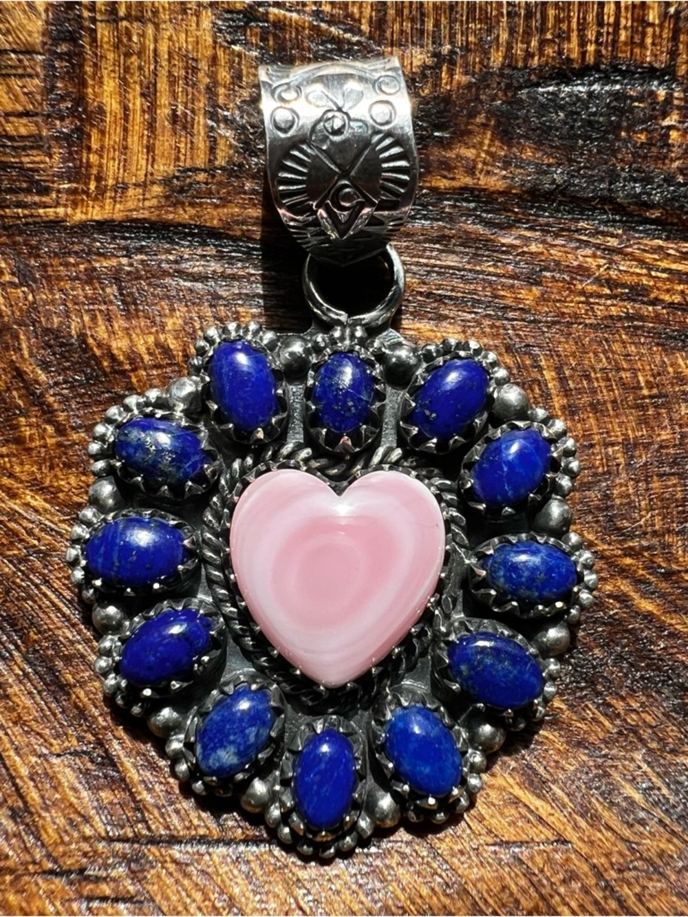 925 Sterling Silver Pink Queen Conch Heart & Lapis Pendant